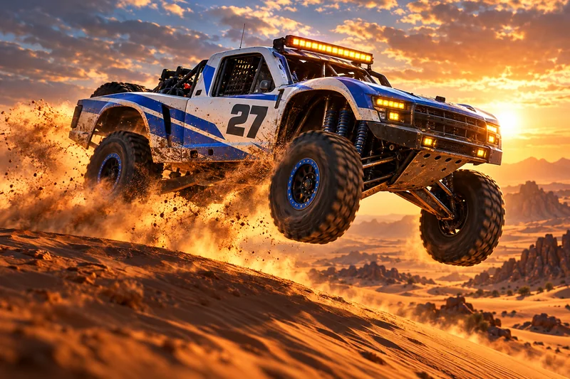 A trophy truck jumping a dune