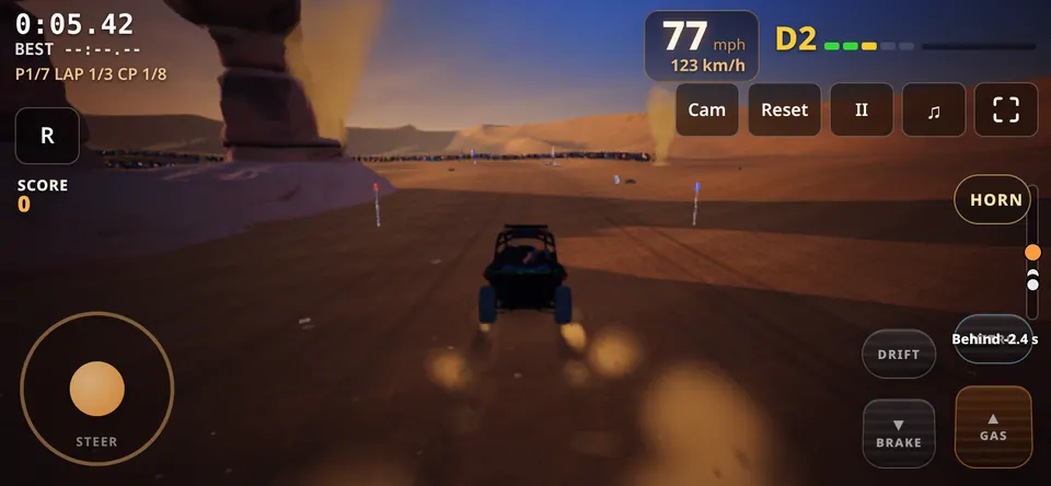 Touch controls on a phone: steer on the left, gas and brake on the right