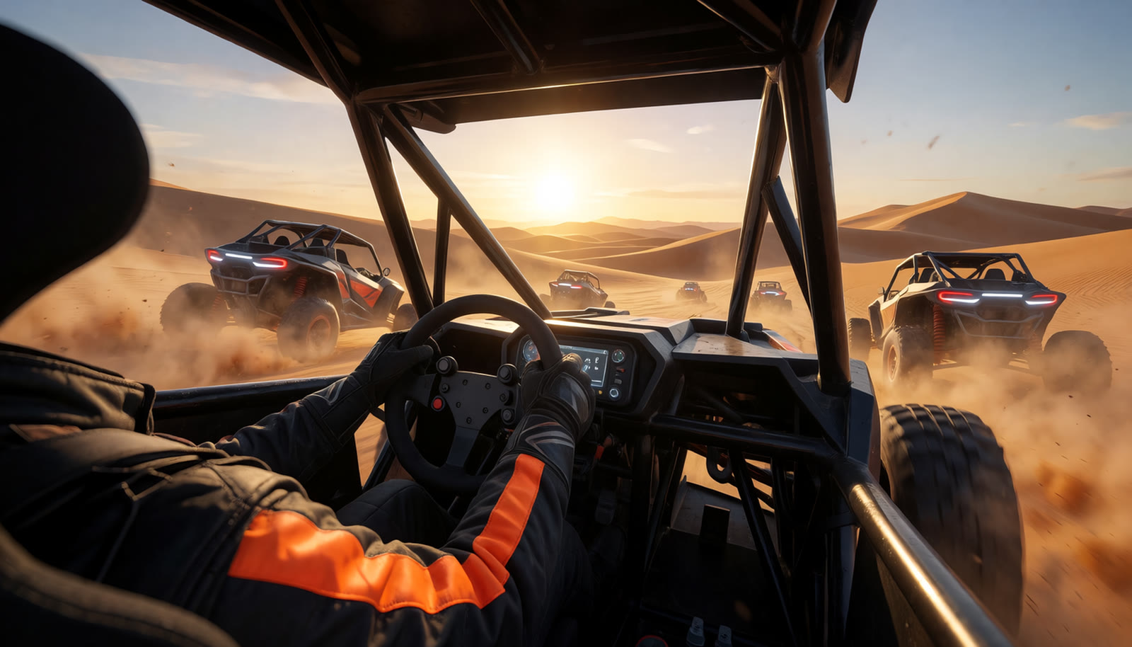 Cockpit view with gloved hands on the wheel
